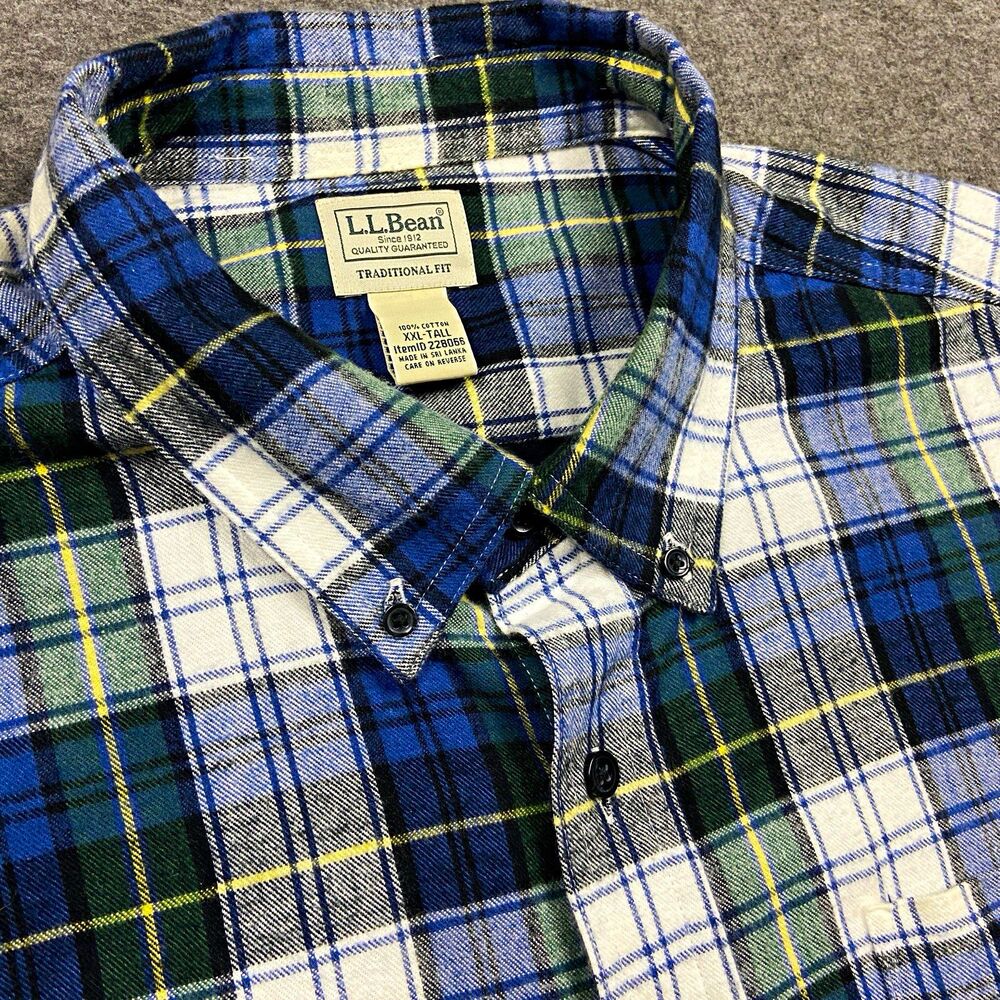 L.L.Bean Mens XXL Tall Plaid Flannel Button Down Shirt Blue Green White Pockets